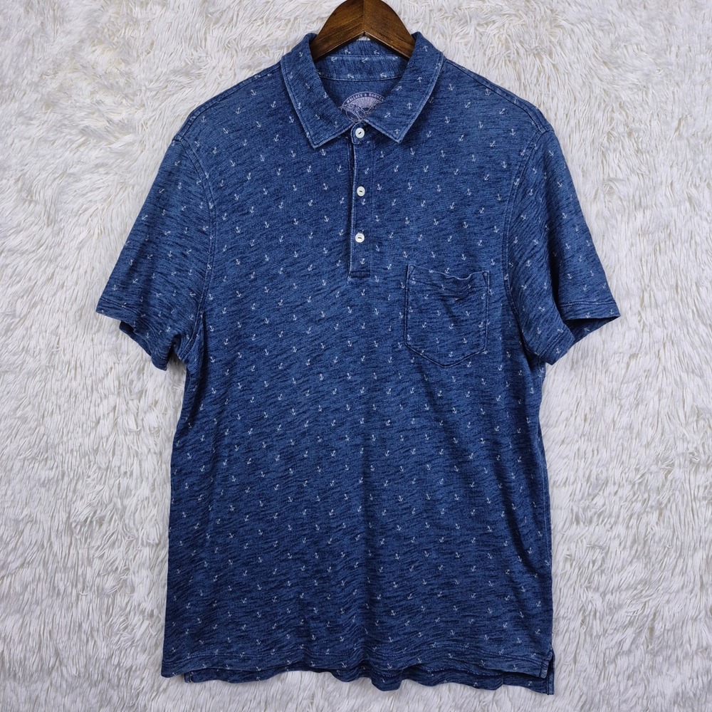 Wallace & Barnes J.Crew Mens Indigo Anchor Print Slub Cotton Polo Shirt Large